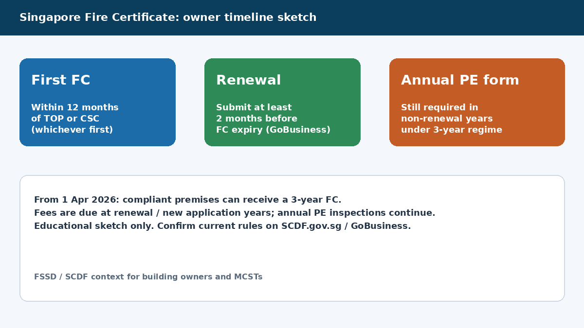 Diagram of Singapore Fire Certificate timeline showing first application, renewal window, and annual PE form under the three-year regime