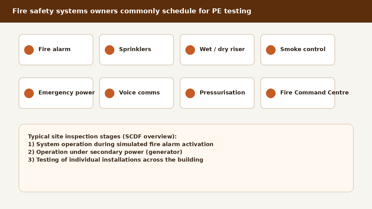 Educational grid of common building fire safety systems scheduled for Professional Engineer testing including alarms sprinklers risers and smoke control